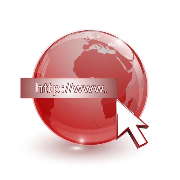 Globo de vidro mapa terra 3d vermelho e cursor com endereço de internet — Vetor de Stock