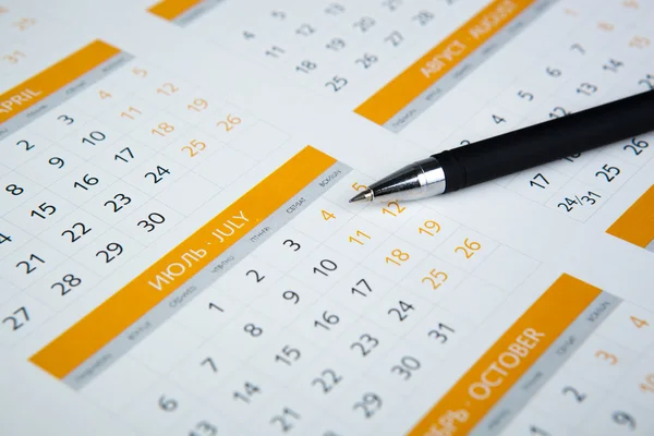 Penna nera sdraiata sul calendario — Foto Stock