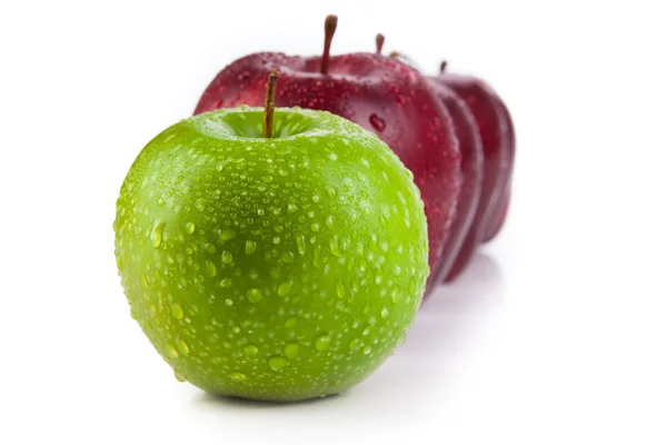 Maroon appels opgesteld in een rij en groene appel close-up — Stockfoto
