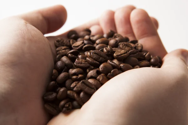 Torrado grãos de café nas palmas das mãos dos homens — Fotografia de Stock