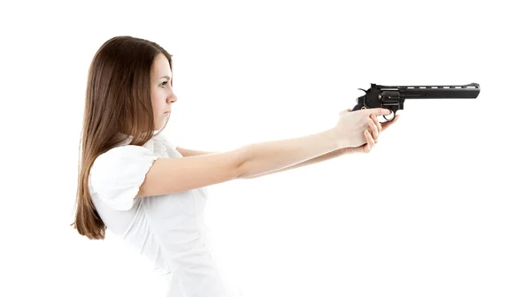 年轻的女孩抱着一支手枪 — 图库照片