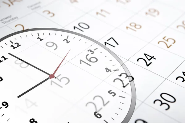 Feuille d'un calendrier avec le nombre de jours et l'horloge — Photo
