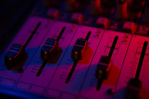 Sound Mixer Faders Close Disco Music — стоковое фото