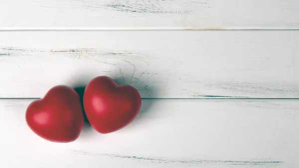 Pair Red Hearts Wooden Background Top View — Stockfoto
