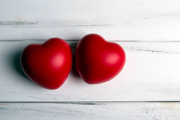 Pair Red Hearts Wooden Background Top View — Stockfoto