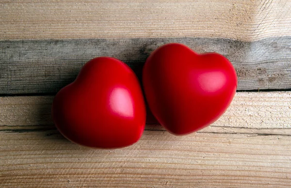 Pair Red Hearts Wooden Background Top View — Stock Photo, Image
