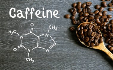 coffee beans with wooden spoon and chemical structure of caffeine on a wooden table clipart