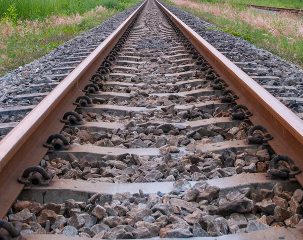 Close up on part of railroad track from top vie — Stock Photo, Image