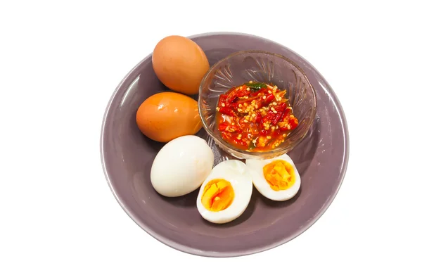 Boiled eggs in half and Boiled egg with Chili and fish sauce in — Stock Photo, Image