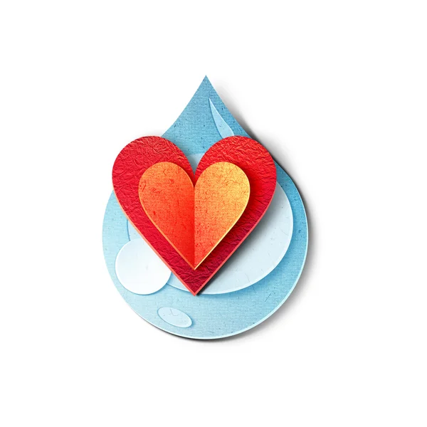 Clear water drop with big red heart. Paper cut illustration. — Stock Photo, Image