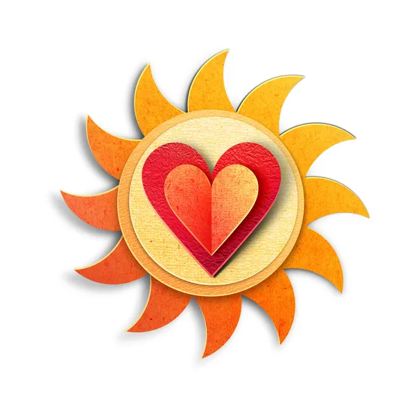 Solen ikonen med papper hjärta på den. papper skära illustration. isolerad på vit bakgrund — Stockfoto