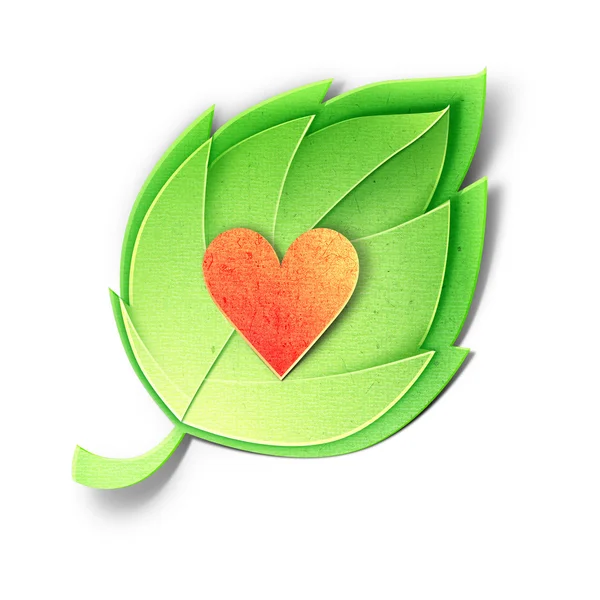 Young green leaf with heart. Paper cut illustration. Isolated on white background — Stock Photo, Image