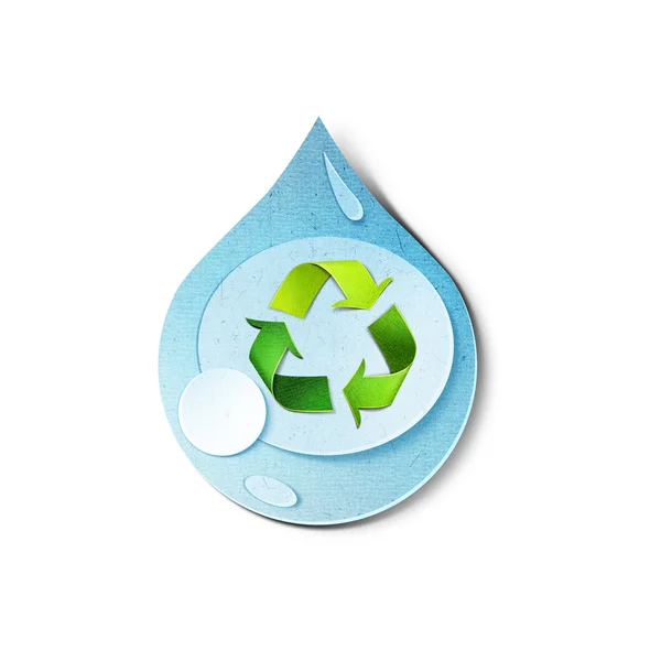 Water drop with recycle symbol inside. Environmental concept. Paper cut illustration. — Stock Photo, Image