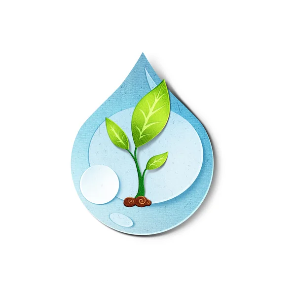 Clean drop of water with young tree inside it. Environment paper cut illustration. Isolated on white background — Stock Photo, Image