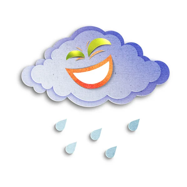 Szczęśliwy cartoon charakter chmura deszcz spadnie. Papercut-ilustracja. na białym tle — Zdjęcie stockowe
