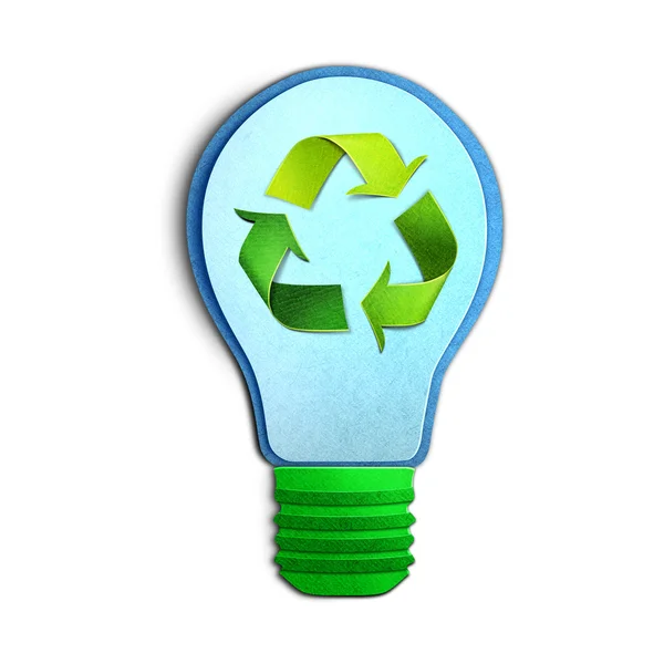 Milieu concept, papier gesneden illustration.light lamp met recycle symbool — Stockfoto