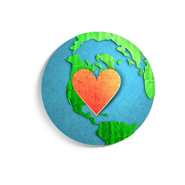 Environmental concept. Paper cut illustration. Earth globe with small heart — Stock Photo, Image