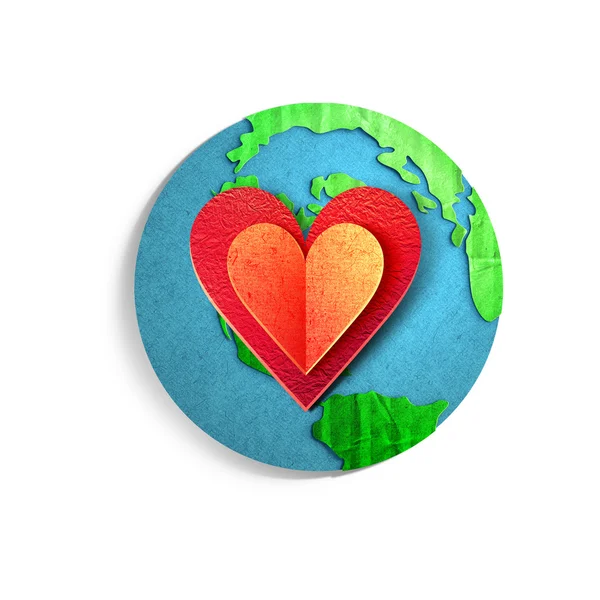 Environmental concept. Paper cut illustration. Earth globe with big red heart — Stock Photo, Image