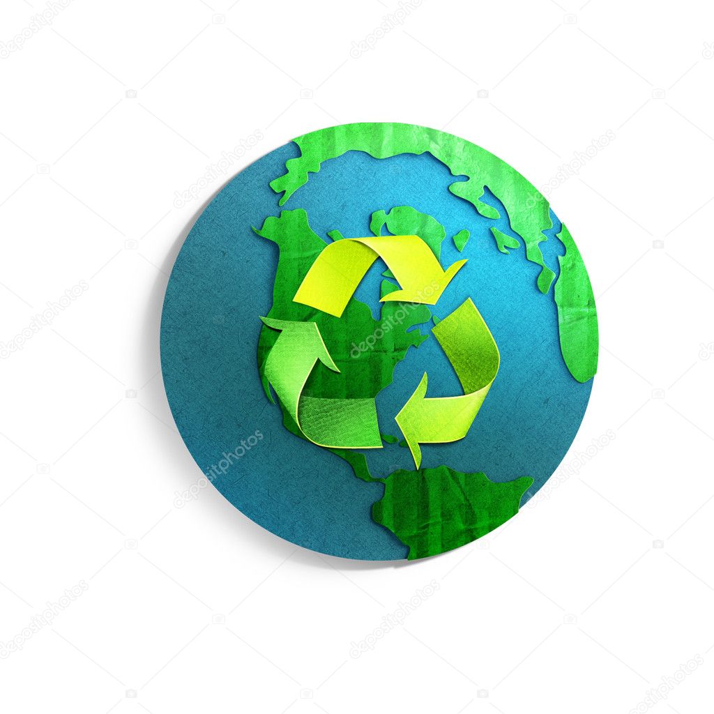 Environmental concept. Paper cut illustration. Earth globe with recycle symbol