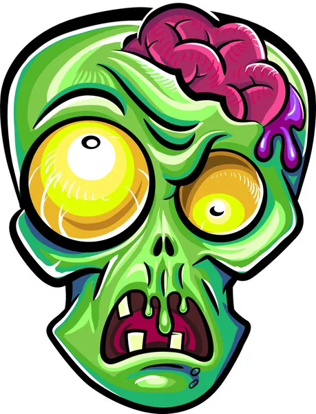 Groene zombie's hoofd met hersenen. geïsoleerd op witte achtergrond. — Stockvector