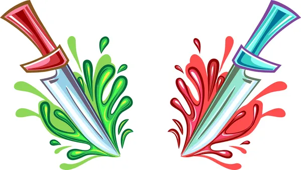 Due coltelli opposti con schizzi di sangue e muco. Illustrazione vettoriale cartone animato . — Vettoriale Stock