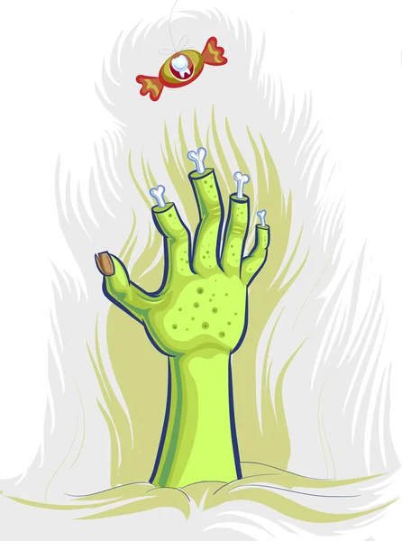 La mano zombi alcanza dulces colgantes. Ilustración vectorial. Aislado sobre fondo blanco — Vector de stock