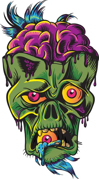 La testa di zombie verde con il cervello. Isolato su sfondo bianco . — Vettoriale Stock
