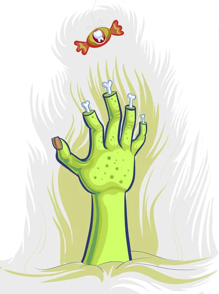 Zombie mano raggiunge appeso caramelle. Illustrazione vettoriale. Isolato su sfondo bianco — Vettoriale Stock