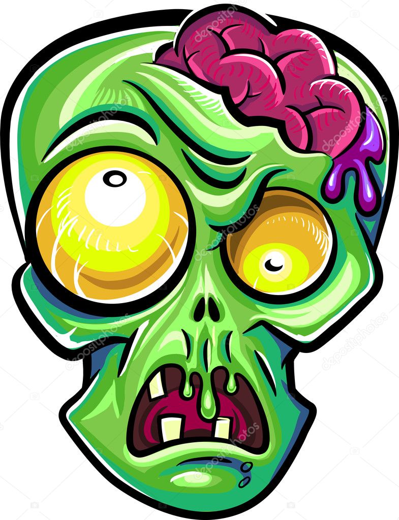 Green zombie's head with brains. Isolated on white background.