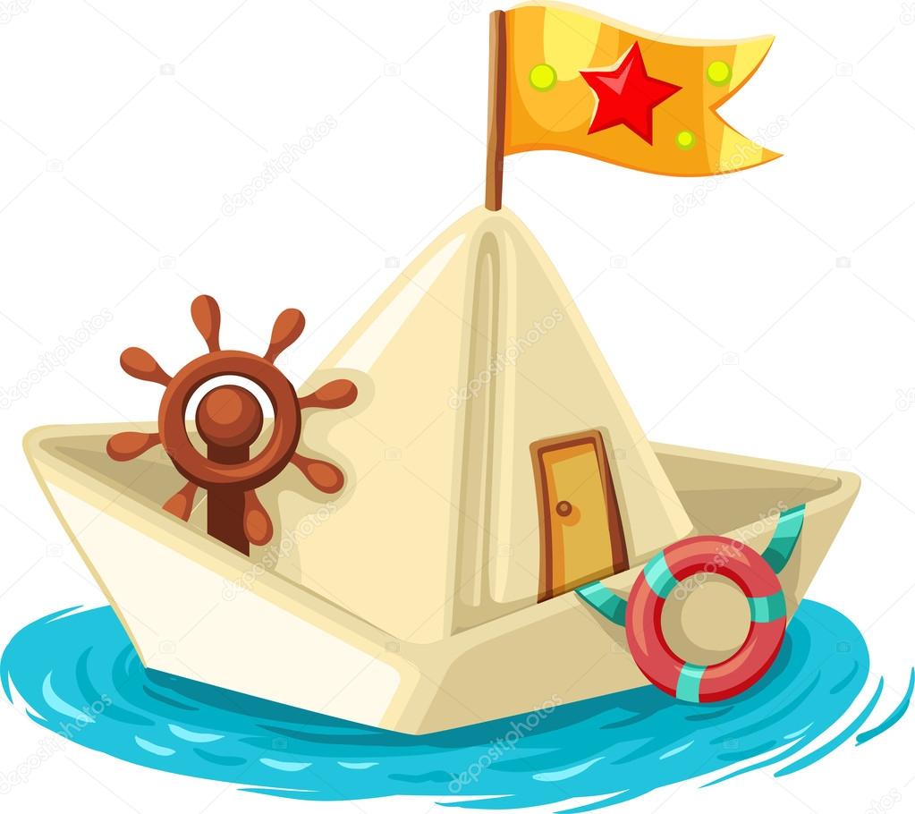 Paper boat with flag, lifebuoy, rudder and door