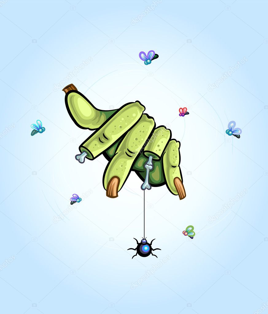 Spider hanging on zombie hand without some fingers. Vector illustration