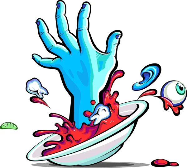 A mão do Zombie salta do prato da sopa. vetor — Vetor de Stock