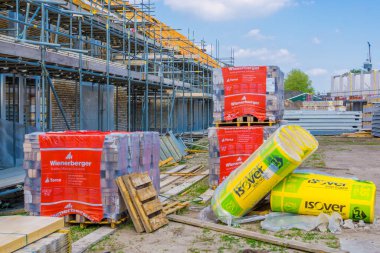 close up view on a construction site with building materials, construction site in Rucphen, The Netherlands, 6 may, 2022