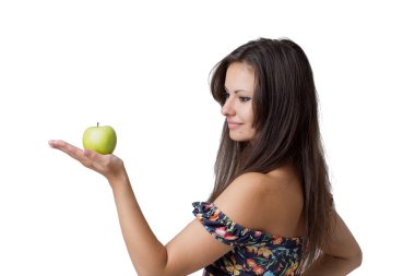 Beyaz arka plan üzerinde izole apple ile kız