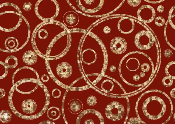 Abstraktní Bezešvé Vzory Překrývající Kruhy Zlatý Třpyt Vzorkem Čtverců Červené — Stock fotografie