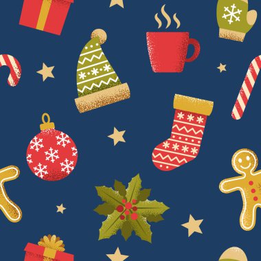 Kusursuz Noel şablonu, Noel eşyalarının sevimli düz çizimleri.