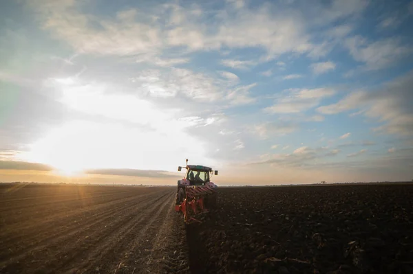 Trattore Che Lavora Nel Campo Preparando Terreno Semina Campo Lavoro — Foto Stock