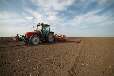 Traktör tohumu olan çiftçi - ilkbaharda tarım tarlalarına ekin ekiyor.