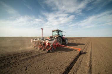 Traktör tohumu olan çiftçi - ilkbaharda tarım tarlalarına ekin ekiyor.