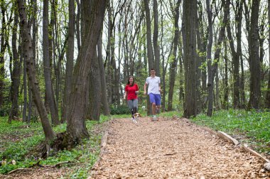 Genç bir kız ve bir oğlan baharda av köpeğiyle ormanda koşuyorlar.