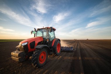 Traktör tarlada çalışıyor, tarlayı ekime hazırlıyor, tarlayı sürüyor.