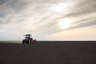 Traktör tohumu olan çiftçi - ilkbaharda tarım tarlalarına ekin ekiyor.