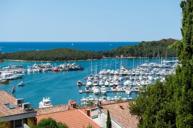 Hırvatistan 'ın Istria yarımadasındaki tarihi Vrsar kasabasının panoraması, Adriyatik deniz marinası balık avlama yarasaları ve lüks yatlarla dolu 