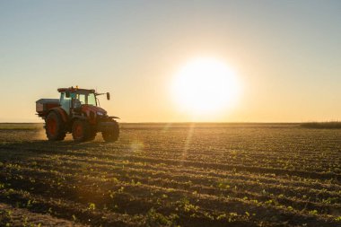 Traktör yapay gübre yayıyor. Ulaşım, tarım.