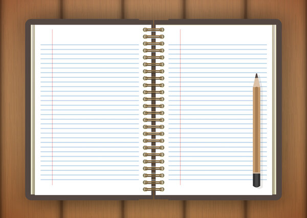 Открыть страницу ноутбука на деревянном фоне - векторная иллюстрация
