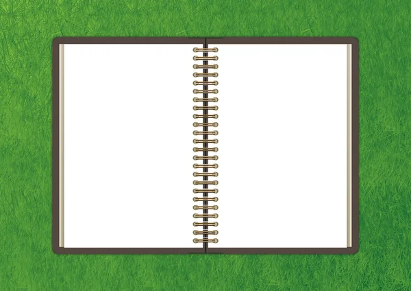 Carnet ouvert avec page blanche sur fond d'herbe verte - illust — Photo
