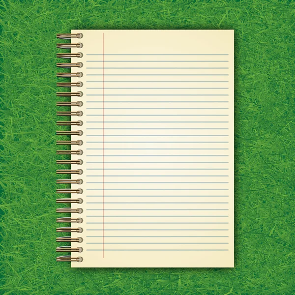 Open notebook with white page on Green grass background - illust — Stock Photo, Image