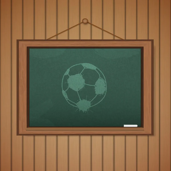 Realistic blackboard on wooden background drawing a soccer game — Stock Vector