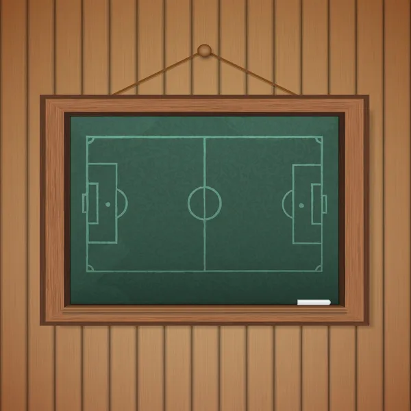 スタジアムのサッカーファンを描く木製の背景に現実的な黒板 — ストックベクタ