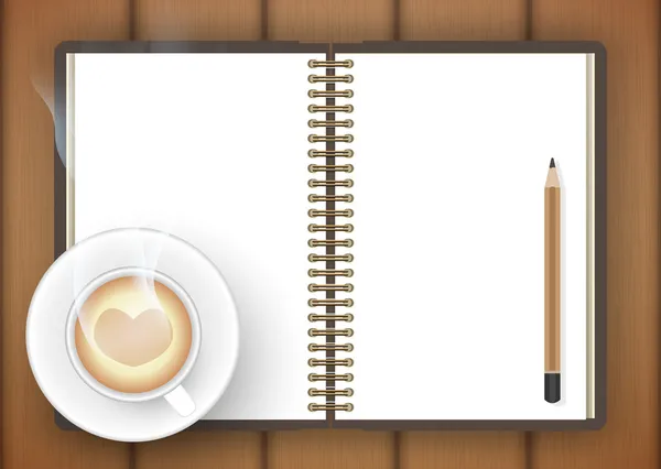 Caderno em branco com xícara de café na mesa- Vetor —  Vetores de Stock